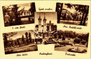 Harkányfürdő, MÁV üdülő, I. oszt. fürdő, gyűdi templom, MÁV Rudolf üdülő, parkrészlet