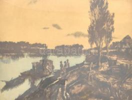 Görög Rezső (1930- ?): Este a Tiszán. Színes rézkarc, papír, jelzett, lap széle foltos, üvegezett fa keretben, 29×38,5 cm