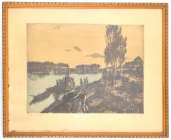 Görög Rezső (1930- ?): Este a Tiszán. Színes rézkarc, papír, jelzett, lap széle foltos, üvegezett fa...