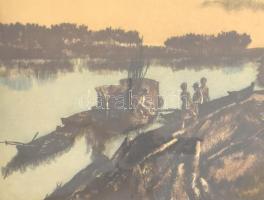 Görög Rezső (1930- ?): Este a Tiszán. Színes rézkarc, papír, jelzett, lap széle foltos, üvegezett fa...