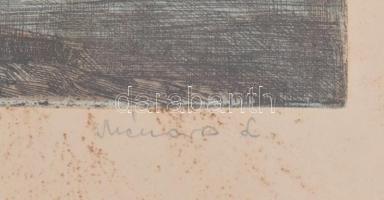 Mészáros Lajos (1925-1971): Téli táj. Színezett rézkarc, papír, jelzett, foltos, 29,5×39 cm