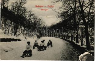 1911 Budapest XII. Zugliget, Téli sport, szánkózás télen a Csiga útnál