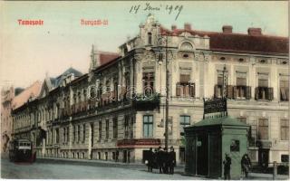 1909 Temesvár, Timisoara; Hunyadi út, villamos, Keppich Adolf üzlete, Délmagyarországi vendéglősök gőzmosóintézete / street view, tram, shops