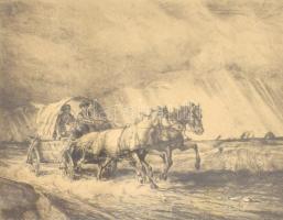 Udvary Pál (1900-1987): Jön a vihar. Rézkarc, papír, jelzett, üvegezett fa keretben, 23×30 cm