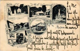 1898 Pöstyén, Piestany; Parkeingang, Curhotel, Die Bäder, Herrngasse, Mutter Gottes im Park, Der Infanterist / park bejárata, fürdő szálloda, fürdők, infanterista, Úri utca, A. Bernas üzlete és saját kiadása / spa, bath, hotel, park, street view, spa carriage. Art Nouveau, floral (vágott / cut)