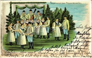 1903 Pöstyén, Piestany; Pöstyéni nemzeti tánc, folklór. Gipsz H. kiadása / Pistyaner National Tanz / Slovak folklore, traditional dance. Art Nouveau, litho (EK)