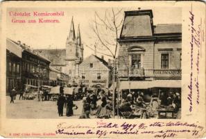 1902 Komárom, Komárno; Fő tér, Goldmann, Steiner Miksa üzlete, Takarékpénztár, piac. Czike Dénes kiadása / main square, shops, savings bank, market (szakadások / tears)