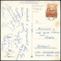 1969 Az Egyetértés futballcsapat labdarúgói által aláírt képeslap Jugoszláviából Mátrai, Landi, Sátori, Varga Gyula, Vári György aláírásaival