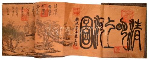 cca 1920 Kínai nagy méretű leporelló. Vászonra nyomott kép,.pecsétekkel. Karton borítóval / Chinese large leporello with seals. 378 x 27 cm