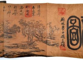 cca 1920 Kínai nagy méretű leporelló. Vászonra nyomott kép,.pecsétekkel. Karton borítóval / Chinese ...