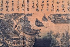 cca 1920 Kínai nagy méretű leporelló. Vászonra nyomott kép,.pecsétekkel. Karton borítóval / Chinese ...