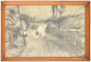 Olvashatatlan jelzéssel: Utcán. Szén, papír, üvegezett fa keretben, 28,5×41,5 cm