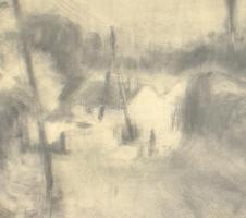 Olvashatatlan jelzéssel: Utcán. Szén, papír, üvegezett fa keretben, 28,5×41,5 cm