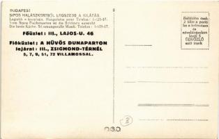 Budapest III. Sipos Halászkert a hűvös Dunaparton, lejárat a Zsigmond térnél, Margitsziget + reklám