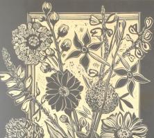 Bordás Ferenc (1911-1982): Virágok. Fametszet, papír, jelzett, üvegezett fa keretben, 47×33 cm