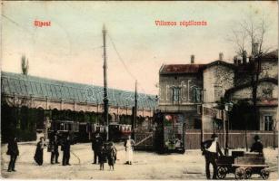 1908 Budapest IV. Újpest, villamos végállomás, villamosok, hirdetőfal Singer reklámmal, szekér. Selley Károly 8. sz.