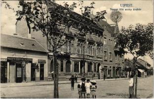 1912 Budapest IV. Újpest, Nasser féle arany áruház, Mátyás Gusztáv aranyműves és ékszerész üzlete, Andrássy István bormérése a Bleriothoz, Fonciere pesti biztosító, takarékpénztár, Weber férfi szabó üzlete