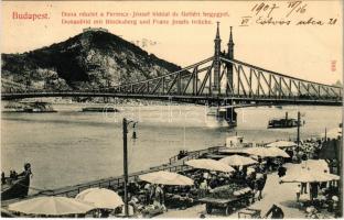1907 Budapest IX. Pesti rakpart piac, Ferenc József híd (Szabadság híd), Citadella. Taussig A. 7913.