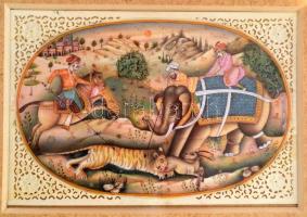 Jelzés nélkül: Akbar császár tigrisvadászaton kedvenc tanácsadójával, Birballal. Indiai akvarell-karton, 14,5 x 10 cm Üvegezett keretben