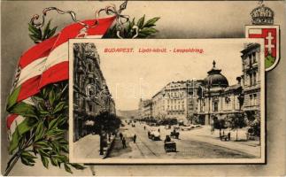 1916 Budapest XIII. Lipót körút, Vígszínház. Magyar zászlós címeres szecessziós keret, Art Nouveau