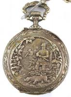 8 napos Doxa zsebóra, fém tokkal, vadász motívumokkal díszítve, hibátlan számlappal, fém óralánccal,...