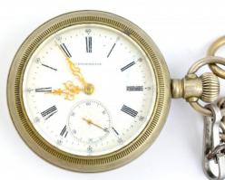 Chronometre zsebóra, fém tokkal, fém óralánccal. Működő, jó állapotban d: 58mm