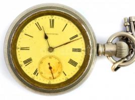 Chronometre zsebóra, fém tokkal, fém óralánccal, kissé foltos számlappal Működik, plexi lejár d: 58mm
