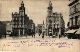 1905 Budapest V. Klotild paloták (Jégbüfé előtti állapot), háttérben a felállványozott épülő Erzsébet híd, Magyar Bank, Varga üzlete