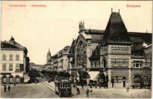 1908 Budapest IX. Vámház körút, Vásárcsarnok, Nádor szálloda és kávéház, gyógyszertár, Klein és asztalos üzlete, villamos. Divald Károly 214-1907.