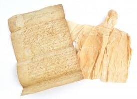 1829 Versec, nehezen olvasható, keresztelő levél és keresztelő ruha gyűrődésekkel.