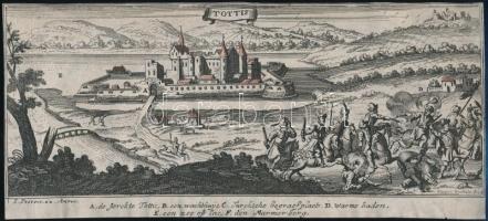 1686 Tata látképe az ostromló török seregekkel. Tottis id. Gaspar Bouttats (c. 1640-1695/1696) - Jacob Peeters (c. 1655-c.1721): Antwerpen, 1686, rézmetszet, 25x11 cm.