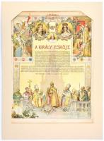 1916 A király esküje, Színes litográfia. Díszes műlap IV. Károly király, Zita királyné és Ottó trónörökös arcképével, valamint a koronázási ünnepség jeleneteivel.Basch Árpád rajza. 45x34 cm