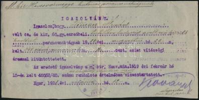 1921 Eger, M. kir. Heves vármegye katonai parancsnoksága által kiállított igazolvány ezüst vitézségi éremmel való kitüntetésről