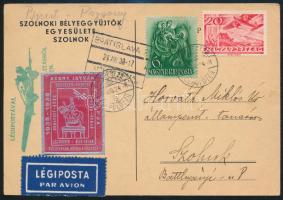 1938 Légi levelezőlap Szent István levélzáróval / Airmail postcard with label
