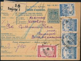 1922 Csomagszállító levél Arató 4 x 6K + Parlament 1K bérmentesítéssel "VESZPRÉM" - "BUDAPEST"