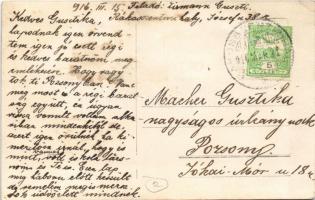 1916 Budapest XVI. Rákosszentmihály, Zirmann Guszti (levélíró) házának kertje, kutya asztalon. Józse...