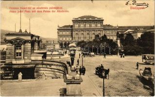 1908 Budapest V. Ferenc József tér az Akadémia palotájával, villamos, Mauthner Ödön üzletének reklámja. Divald Károly 1732-1907. (EK)