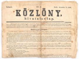 1848. december 25. Bp., Közlöny, hivatalos lap 198. száma, benne hadseregi parancs, sérült