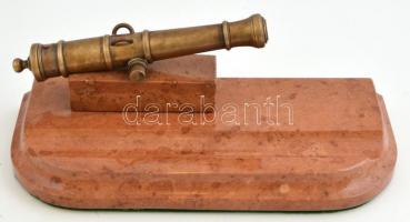 Bronz ágyú, márvány talapzattal, asztali tolltartó, szép állapotban, fa dobozban, 28×13 cm