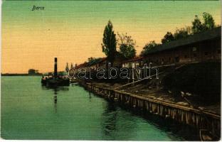 1909 Barcs, Dráva rakpart a vasútállomás mellett, gőzhajó + BROD - NAGY-KANIZSA 25. SZ. vasúti mozgóposta bélyegző (EK)