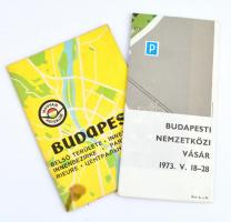 1973 Budapest Nemzetközi Vásár térkép, hátoldalán Balkancar targonca plakát., 39x56 cm, hajtásnyommal + 1966 Magyar Autóklub Budapest belső területe, kissé foltos, 66x46 cm