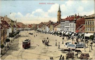1912 Sopron, Várkerület, villamos, Lang Frigyes üzlete, piac. Piri Dániel 584. sz.