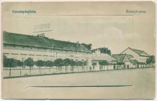 Berettyóújfalu, Kossuth utca. leporellolap, belül: izraelita templom, zsinagóga, vasútállomás, Városháza, Berettyó híd, M. kir. adóhivatal, stb. Adler Béla kiadása (EK)