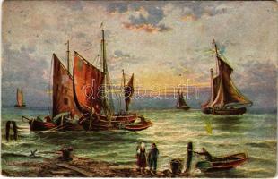 Fishermen, fishing boats, folklore art postcard (EK)