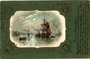 1900 Sailing vessels. Art Nouveau, Emb. litho art postcard (Rb)