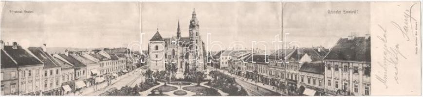 1903 Kassa, Kosice; Fő utca, székesegyház, üzletek, villamos. 3-részes kihajtható panorámalap. Breitner Mór kiadása / main street, cathedral, shops, tram. 3-tiled folding panoramacard (r)