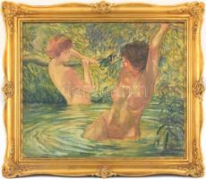 Szautner Lipót (1889-?): Fürdőző aktok. Olaj, vászon, jelzett. Díszes, historizáló stílusú fakeretben, 55x68 cm / Lipót Szautner (1889-?): Bathing nudes. Oil on canvas, signed. Framed, 55x68 cm