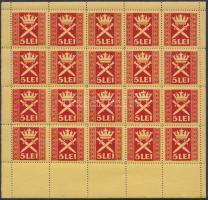 1919 Nagyszeben (Sibiu) helyi illetékbélyeg kisív 5 Lei / Local fiscal stamp minisheet