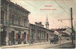 1908 Miskolc, Hunyad utca, Tupler Mór üzlete, Miskolczi Villamos Vasút megállóhelye (fl)