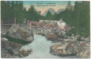 1915 Kárpátok, Carpathian Mountains; fahíd a patak felett / wooden bridge above the creek